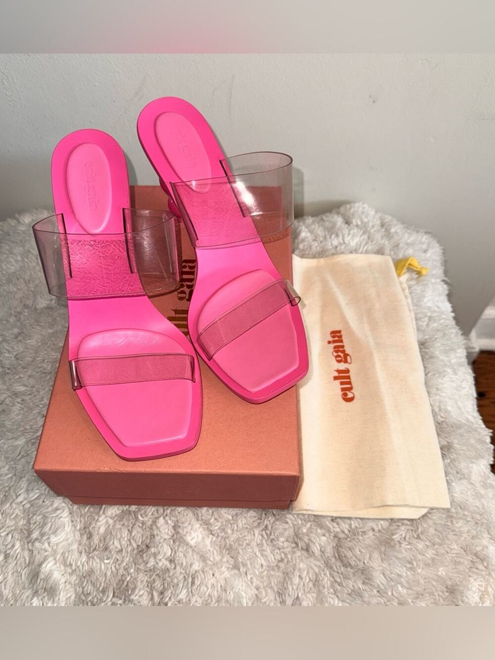 RARE Cult Gaia Vita Vinyl Stacked Heel Mules Blossom Pink Size 42 (Fits 10.5)